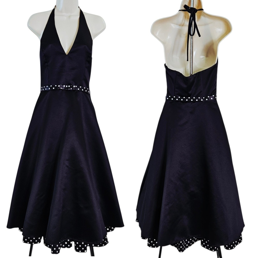 Jessica McClintock Gunne Sax Black Halter Polka Dot Midi Dress 5/6 USA Retro Vtg